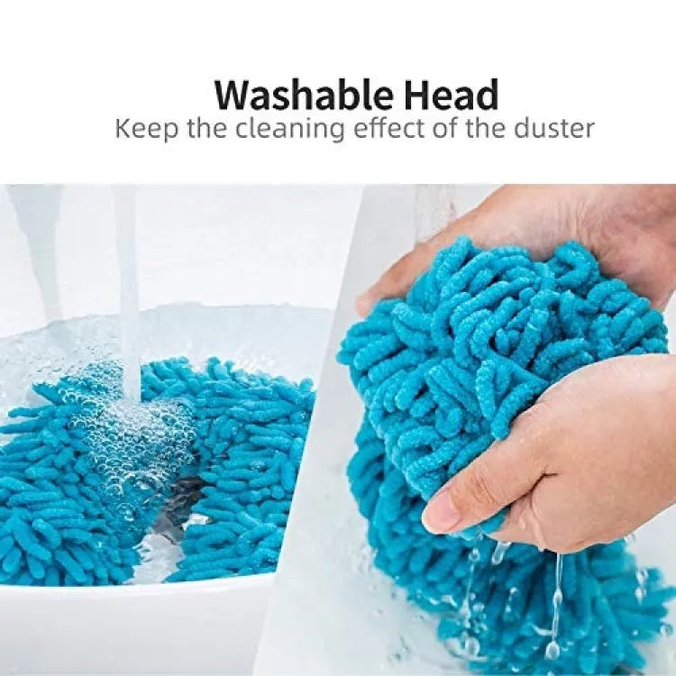 Blue duster head with washable head feature, held over a sink with water.