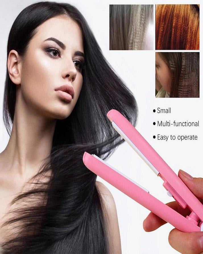 Mini Hair Straightener & Curler – Thermostatic Aluminum Plate, For Dry & Wet Hair, Compact Travel Size
