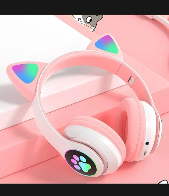 Cat Ear Wireless Bluetooth Headphones with RGB LED Lights & Built-in Mic – Stereo Bass Sound, Bluetooth & AUX Mode, Adjustable Over-Ear Headset