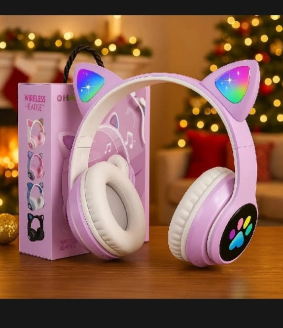 Cat Ear Wireless Bluetooth Headphones with RGB LED Lights & Built-in Mic – Stereo Bass Sound, Bluetooth & AUX Mode, Adjustable Over-Ear Headset