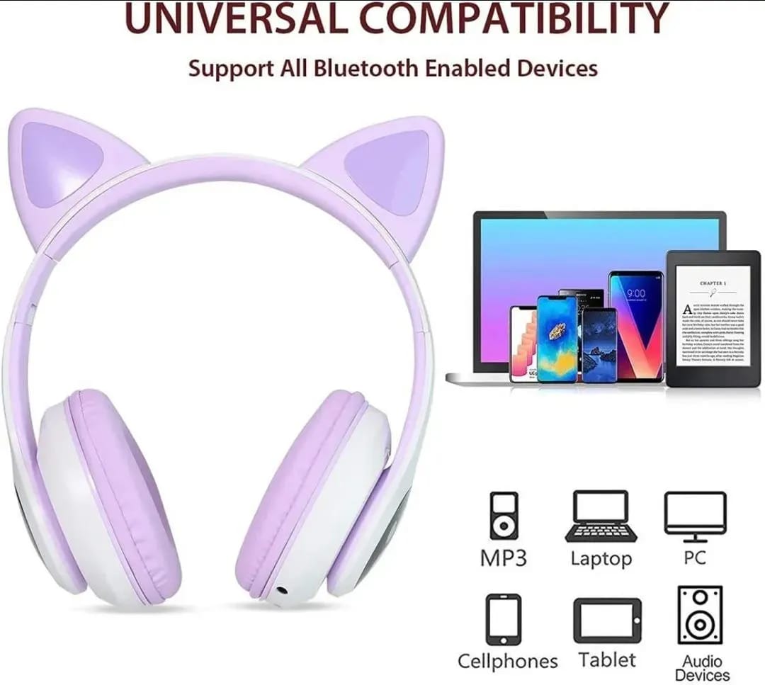 Cat Ear Wireless Bluetooth Headphones with RGB LED Lights & Built-in Mic – Stereo Bass Sound, Bluetooth & AUX Mode, Adjustable Over-Ear Headset