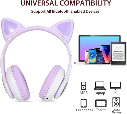 Cat Ear Wireless Bluetooth Headphones with RGB LED Lights & Built-in Mic – Stereo Bass Sound, Bluetooth & AUX Mode, Adjustable Over-Ear Headset
