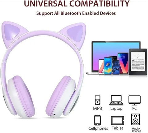 Cat Ear Wireless Bluetooth Headphones with RGB LED Lights & Built-in Mic – Stereo Bass Sound, Bluetooth & AUX Mode, Adjustable Over-Ear Headset