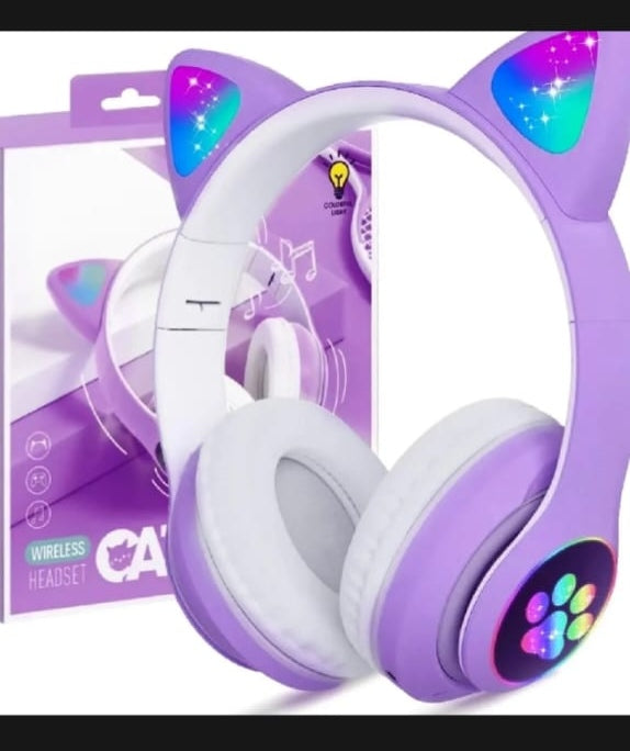 Cat Ear Wireless Bluetooth Headphones with RGB LED Lights & Built-in Mic – Stereo Bass Sound, Bluetooth & AUX Mode, Adjustable Over-Ear Headset