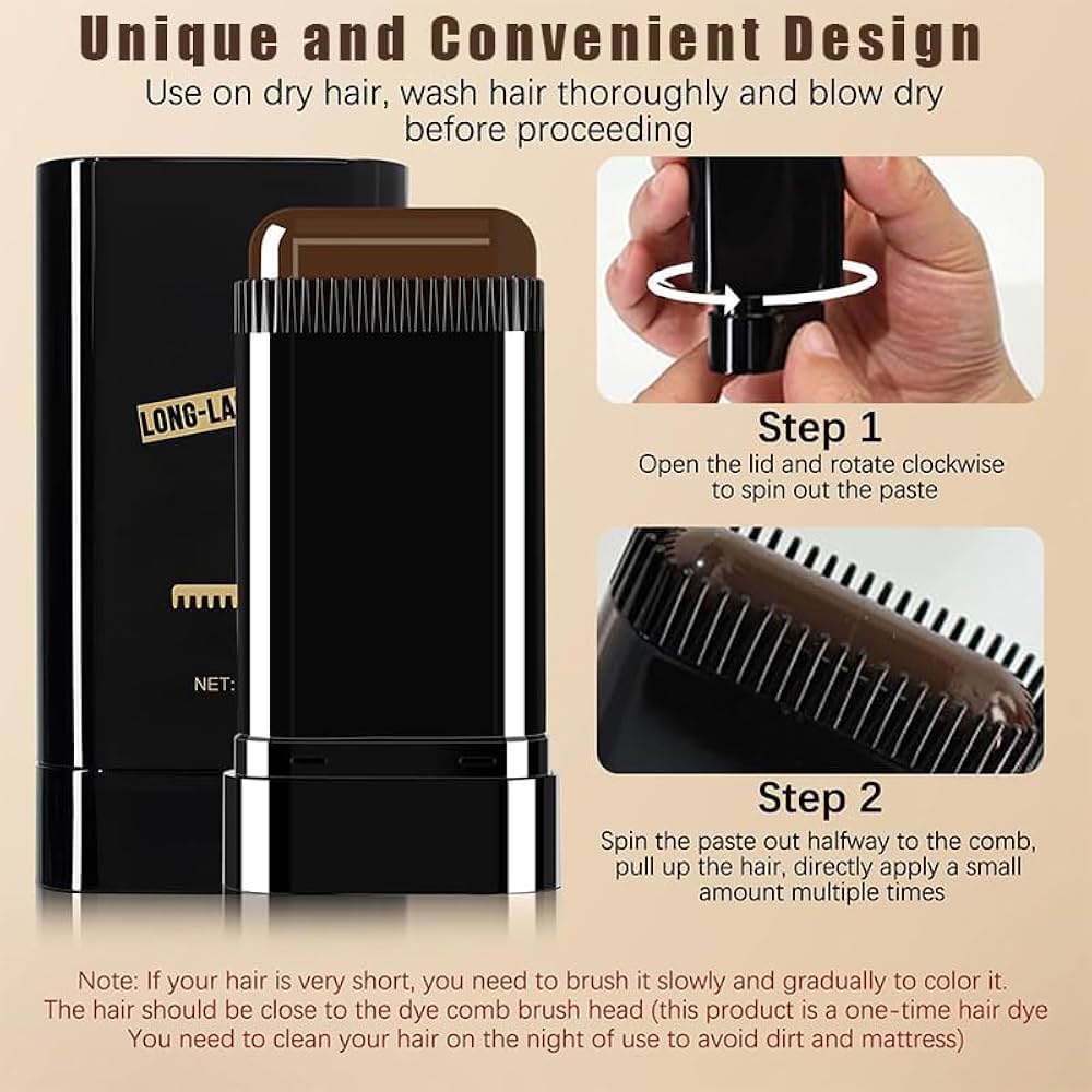 Instant Root Touch-Up Hair Color Comb Stick | Waterproof & Sweatproof Hair Dye Comb | Long-Lasting Black/Brown Hair Color