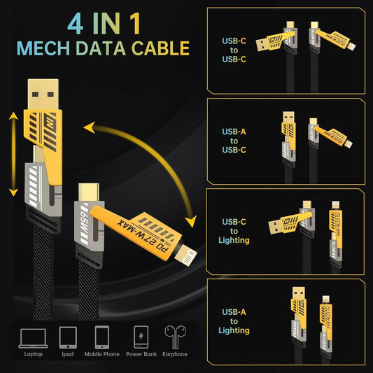 Buy 1, Get 1 Free Offer 4 In 1 Mech High Speed Data Cable | Fast Charging Stable Transfer Universal Compatibility Practical Choice For Smartphones Tablets And Laptops