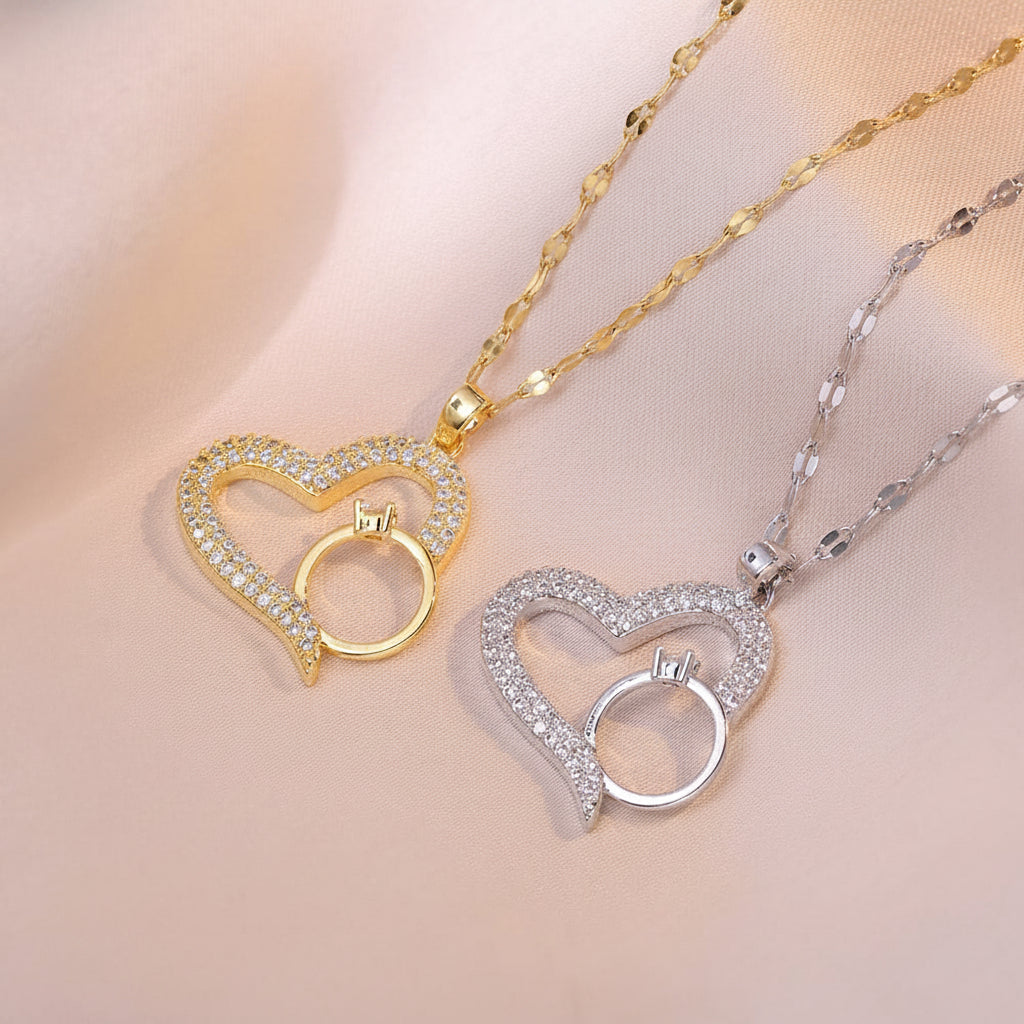Korean Heart & Solitaire Ring Intertwined Pendant Necklace