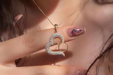 Korean Heart & Solitaire Ring Intertwined Pendant Necklace