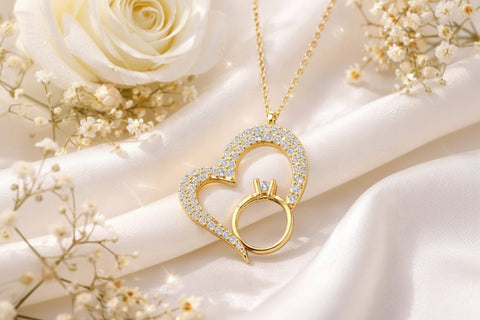 Korean Heart & Solitaire Ring Intertwined Pendant Necklace