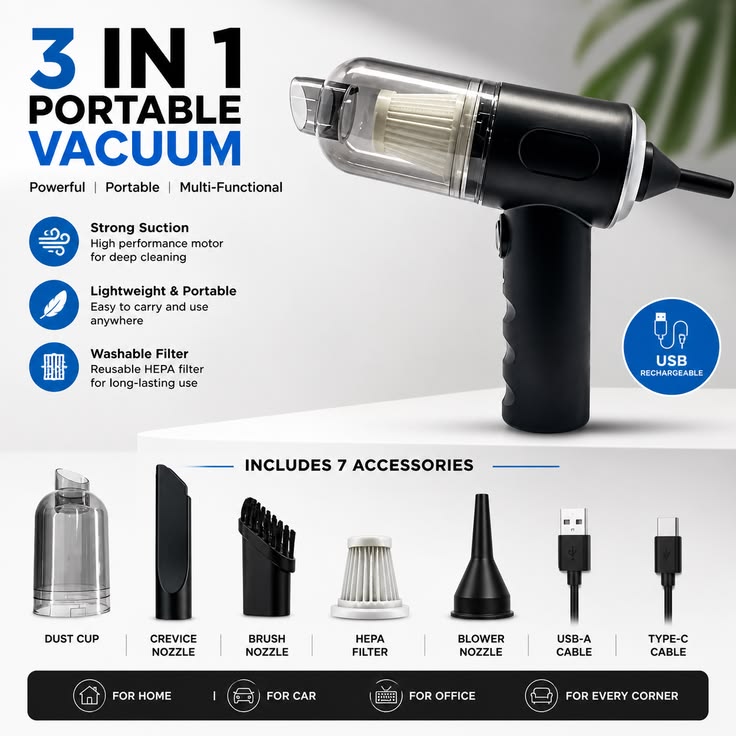 3-in-1 Portable Wireless Vacuum Cleaner - Handheld, Powerful Suction for Car, Home, Office & Everyday Quick Cleaning