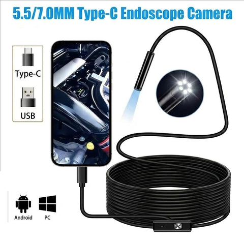 USB Endoscope Inspection Camera – Flexible Borescope Camera with LED Lights for Android & PC