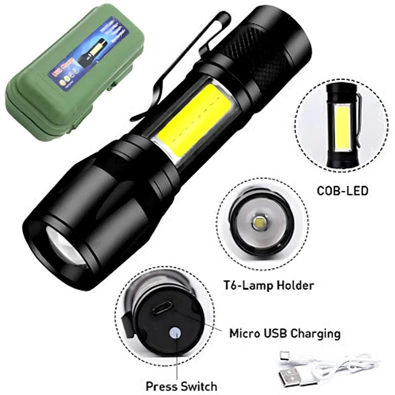 Metal COB Flashlight Torch  | Mini Rechargeable LED Work Light & Waterproof Emergency Penlight