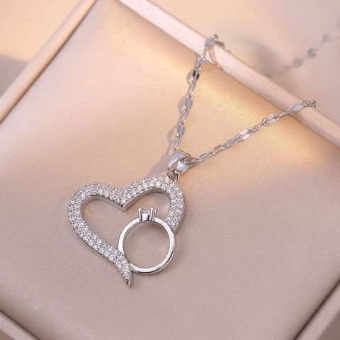 Korean Heart & Solitaire Ring Intertwined Pendant Necklace