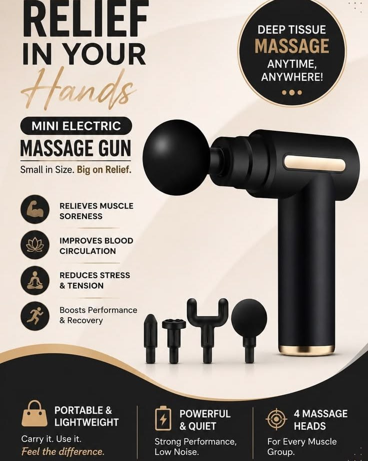 Portable Rechargeable Deep Tissue Massage Gun With Multiple Massage Heads For Muscle Relaxation